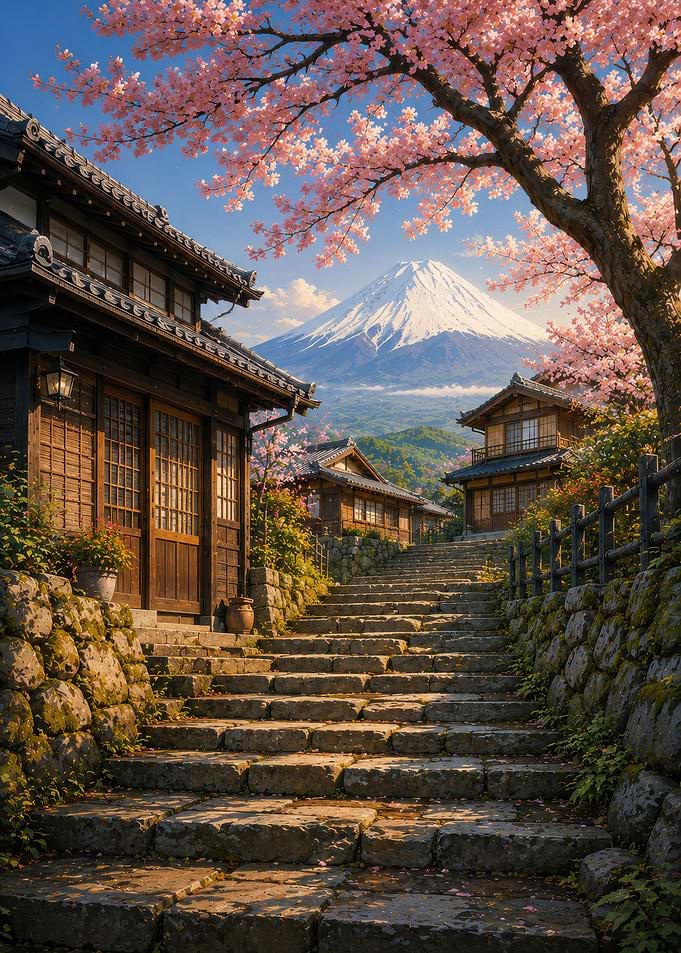 Japanese Street With Mount Fuji