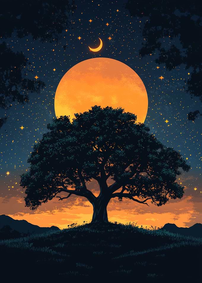 Silhouette Tree Under Golden Moon
