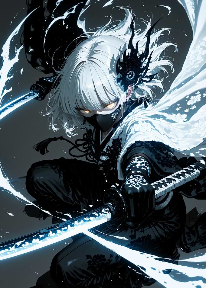White-Haired Samurai Warrior with Glowing Blades