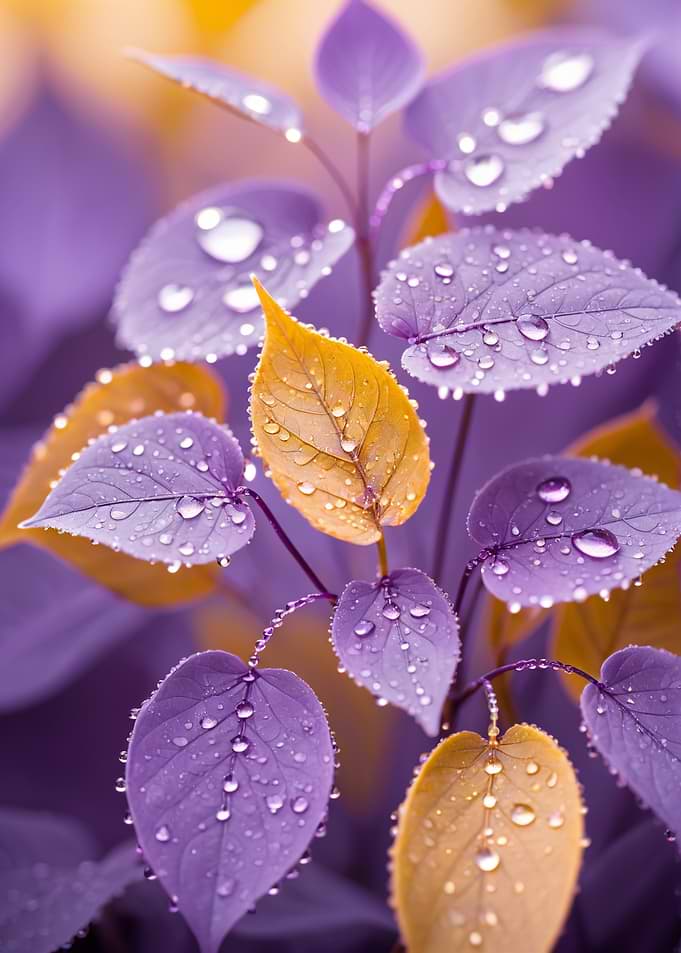 Dew-Covered Purple and Gold Leaves