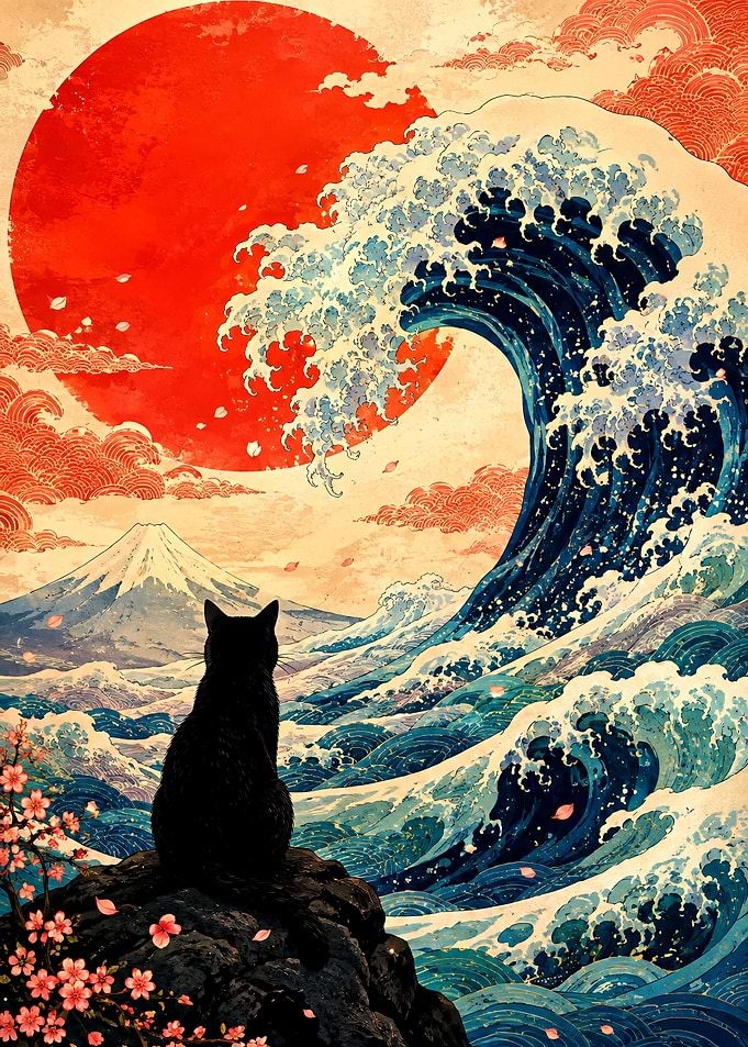 Black Cat Watching Great Wave