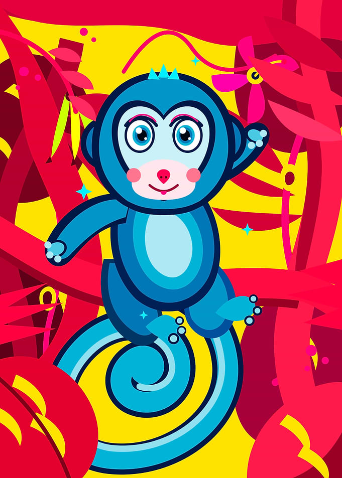 Vibrant Blue Cartoon Monkey Illustration