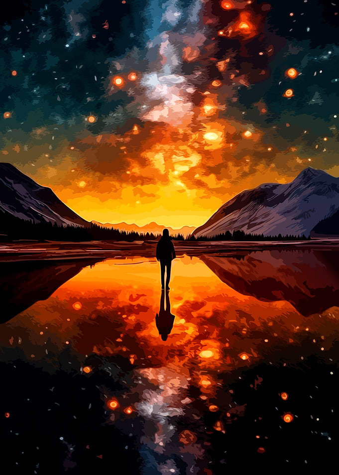 Solitary Figure Under Glowing Galaxy Sky