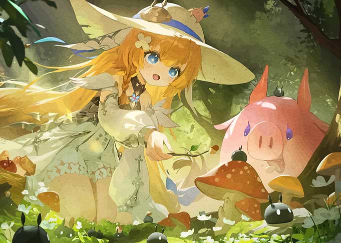 Navia and a Pink Pig in Forest