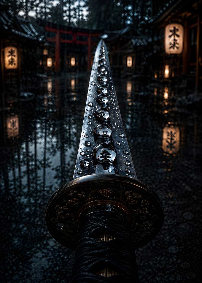 Katana Blade Reflecting Japanese Temple