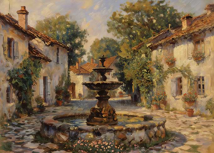European Village Square Fountain Painting