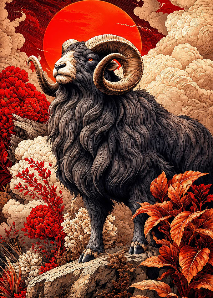 Majestic Black Ram Under Red Sun