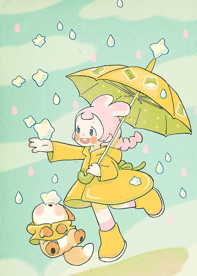 Cute Girl and Dog Playing in Rain