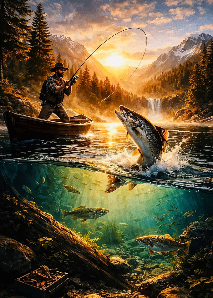 Fisherman Catching Trout in Mountain Lake