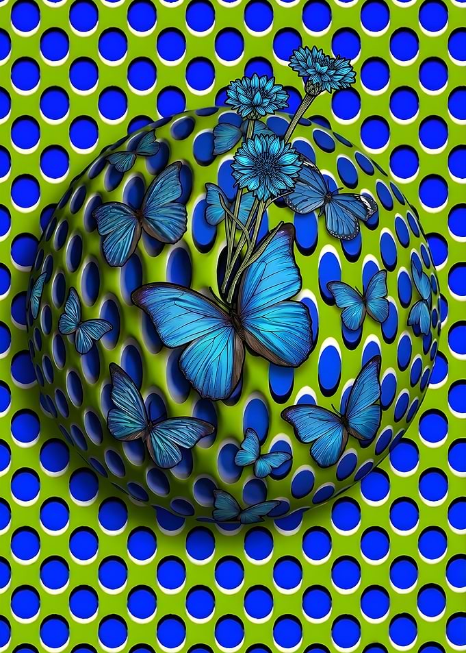 Blue Butterflies on Optical Illusion Sphere