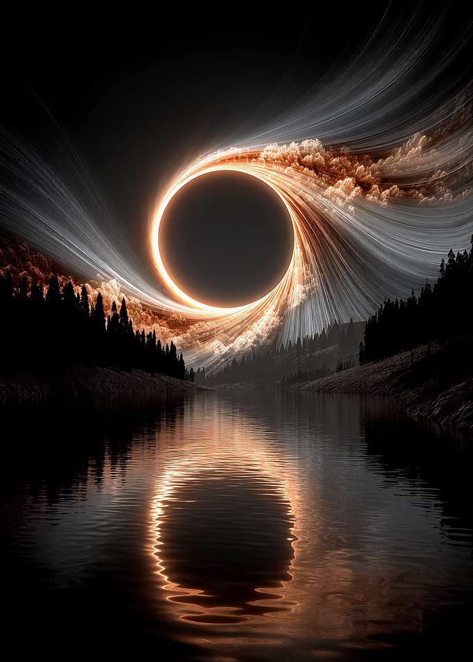 Surreal Eclipse Over Dark Forest Lake