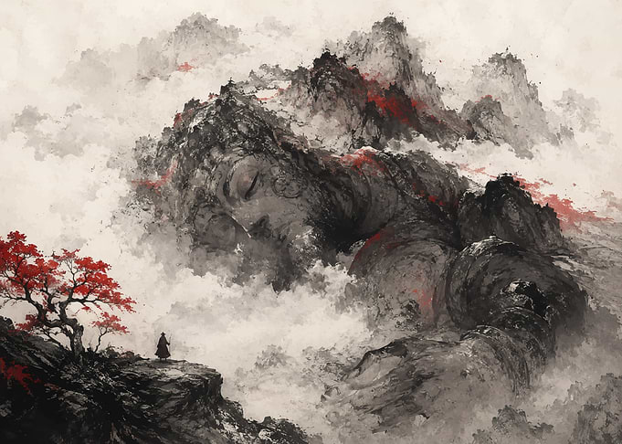 Giant Sleeping Buddha in Misty Mountains