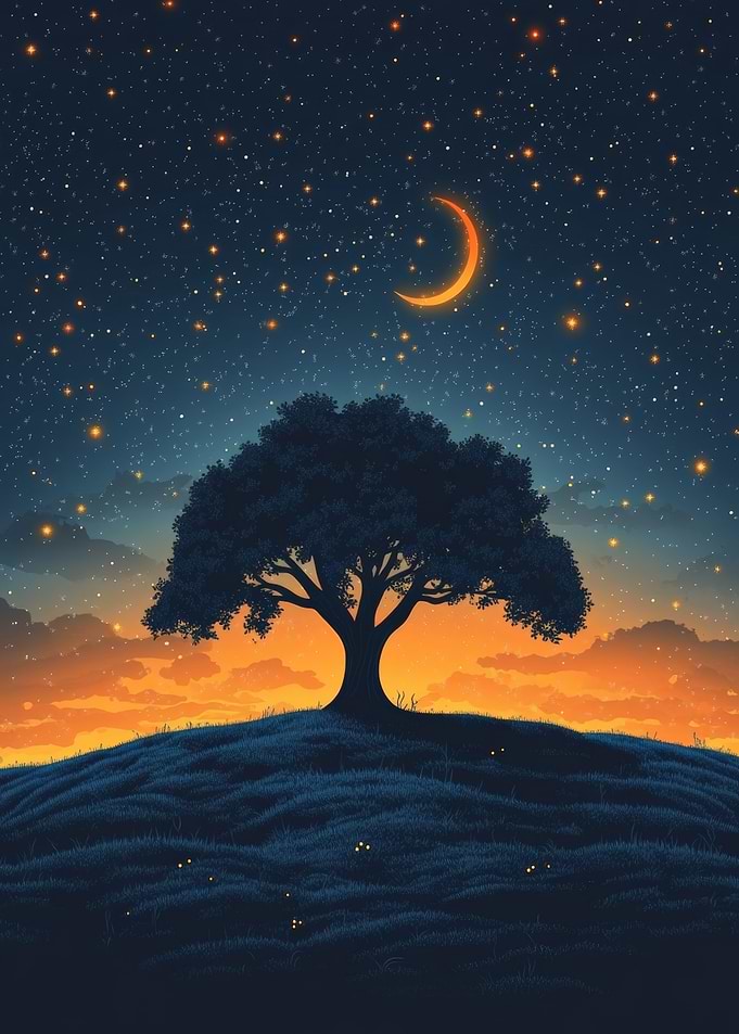 Lone Tree Under Crescent Moon