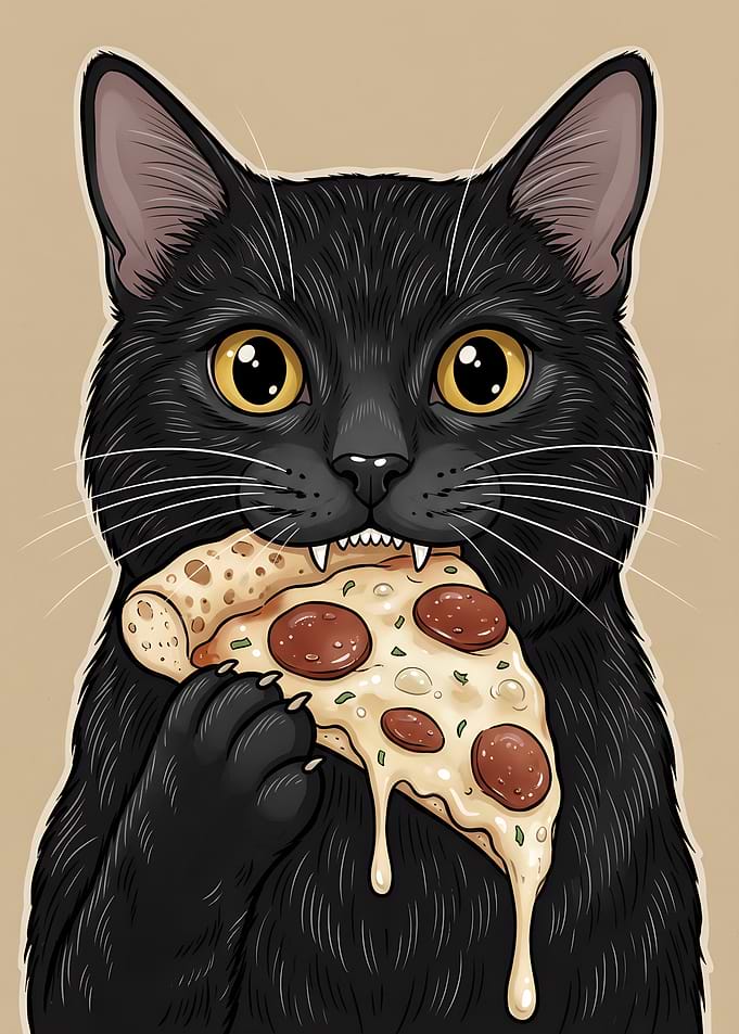 Black Cat Eating Pepperoni Pizza funny Cats