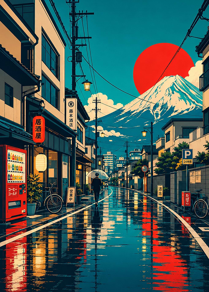Rainy Japanese Street with Mount Fuji