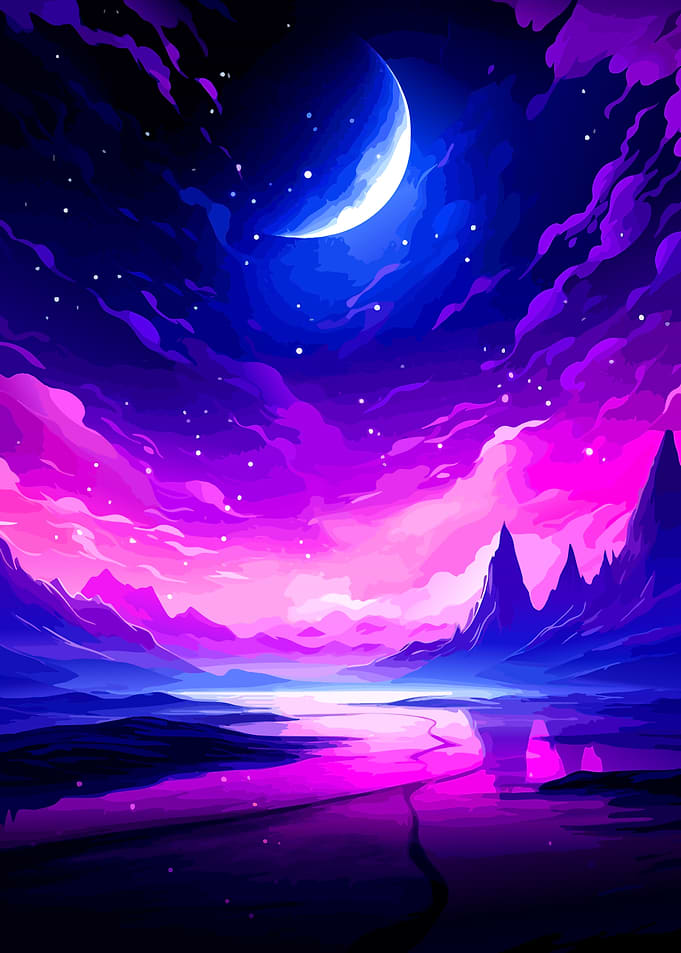 Vibrant Purple Moonlit Mountain Landscape