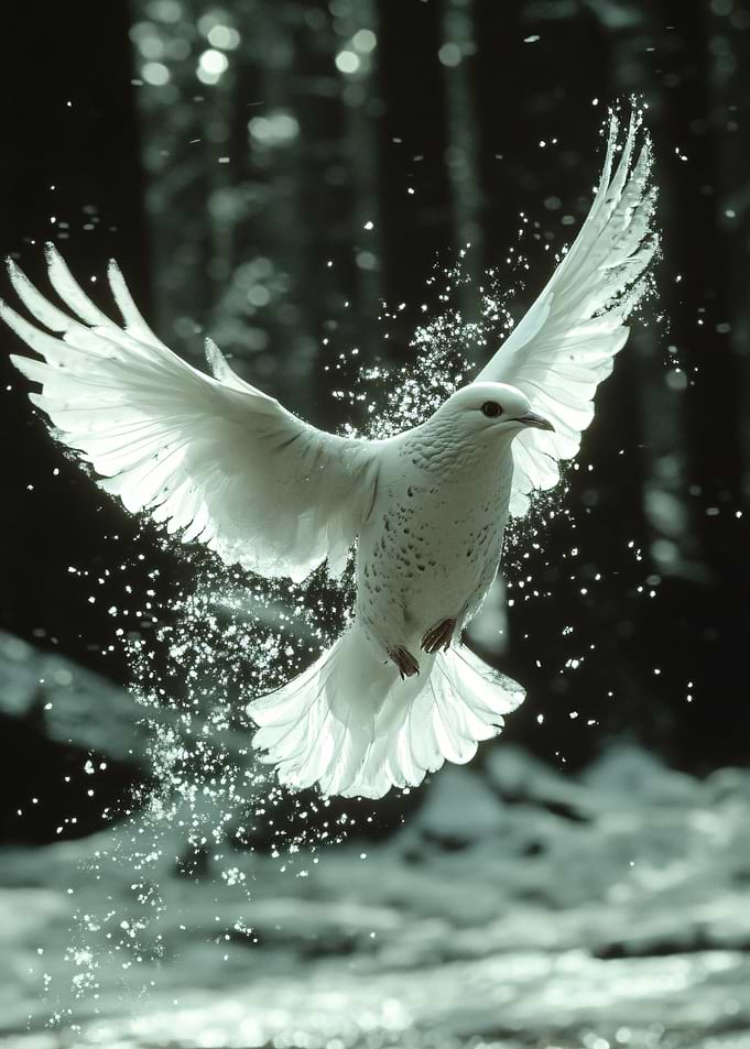 White Dove Taking Flight in Snow