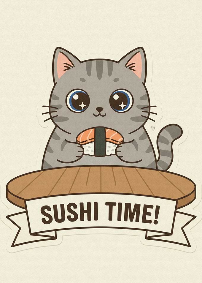 Cute Cat Eating Sushi Illustration