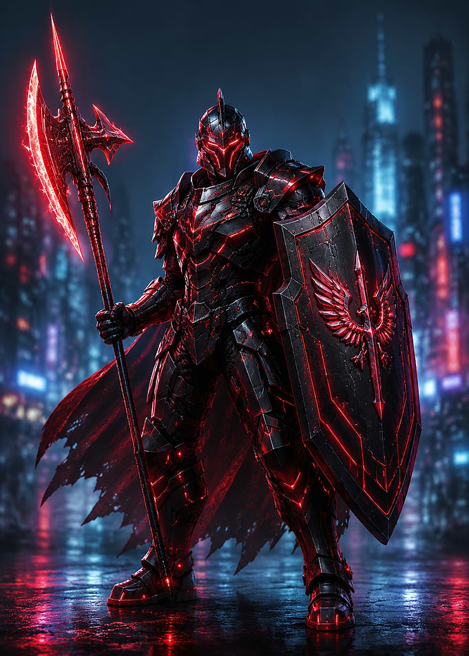 Cybernetic Dark Knight with Glowing Axe