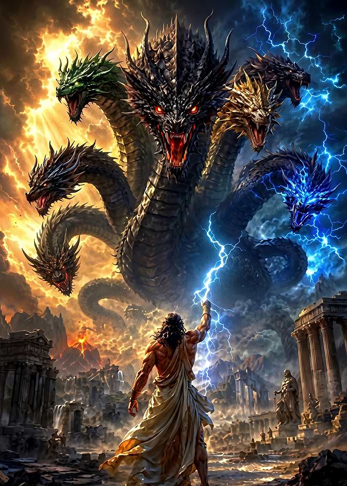 Zeus Confronting a Multi-Headed Hydra