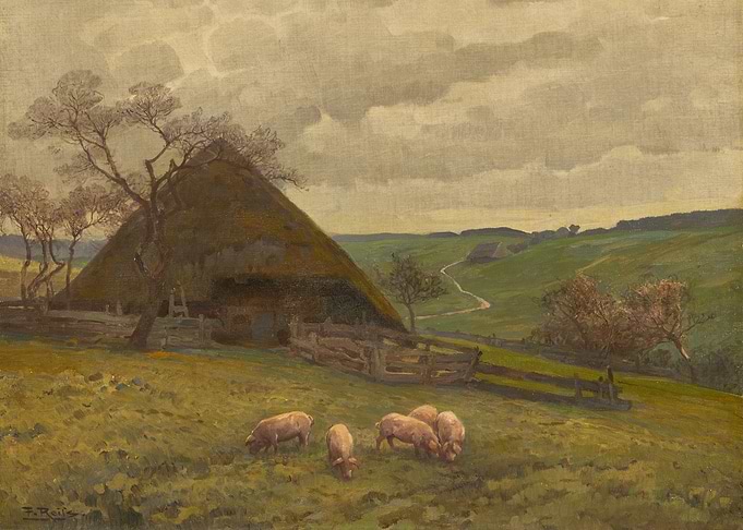 Pigs Grazing Near Thatched Farmhouse