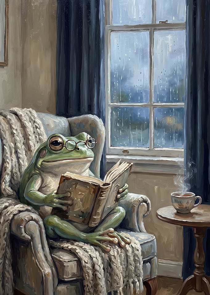 Cozy Frog Reading by Rainy Window