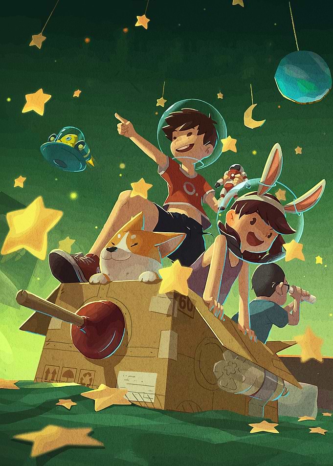 Children Playing Astronauts in Cardboard Spaceship