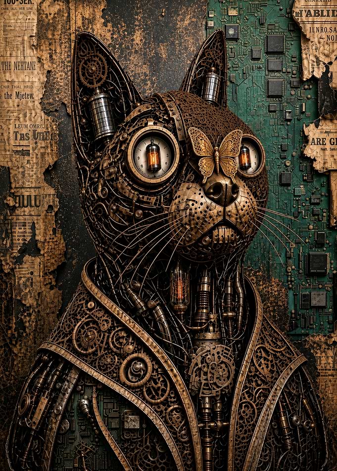 Steampunk Mechanical Cat Portrait