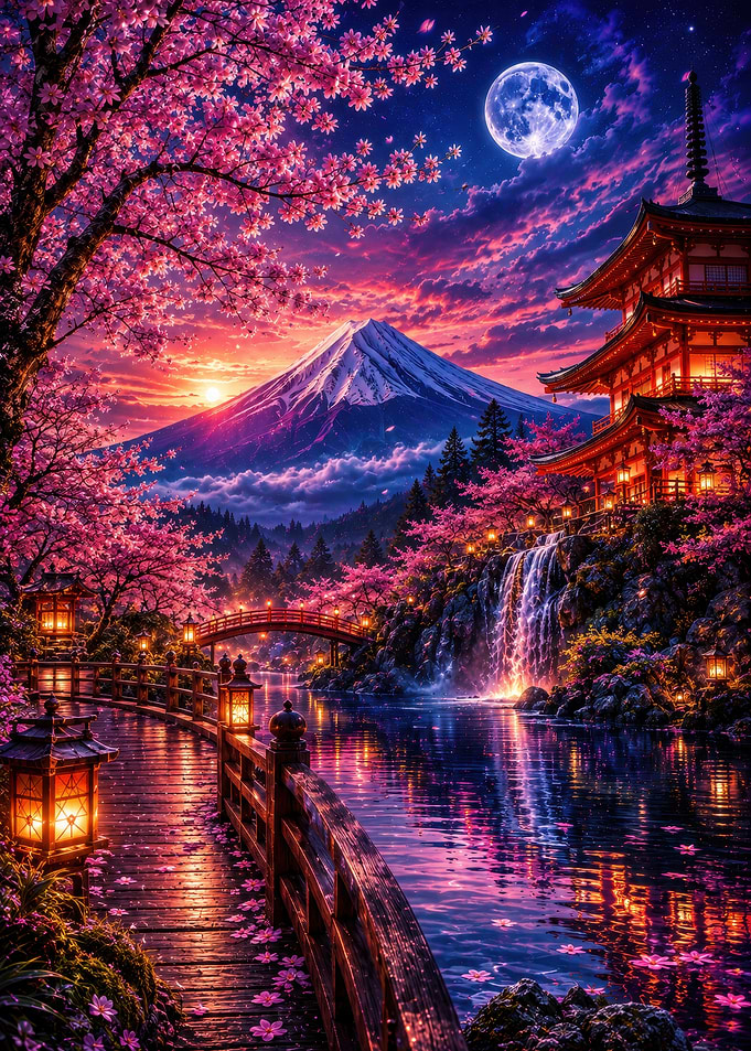 Mount Fuji and Pagoda at Night