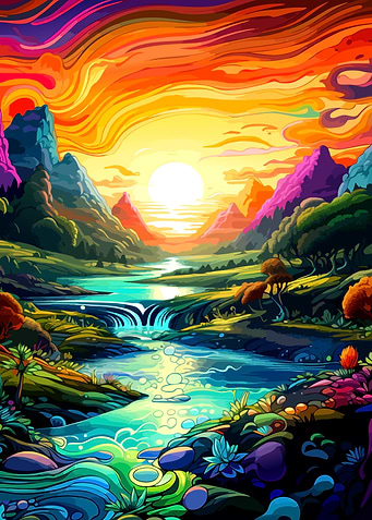 Vibrant Psychedelic Mountain River Landscape