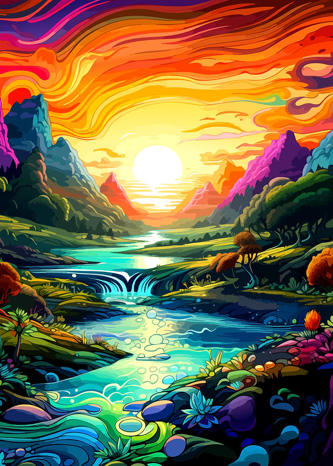 Vibrant Psychedelic Mountain River Landscape