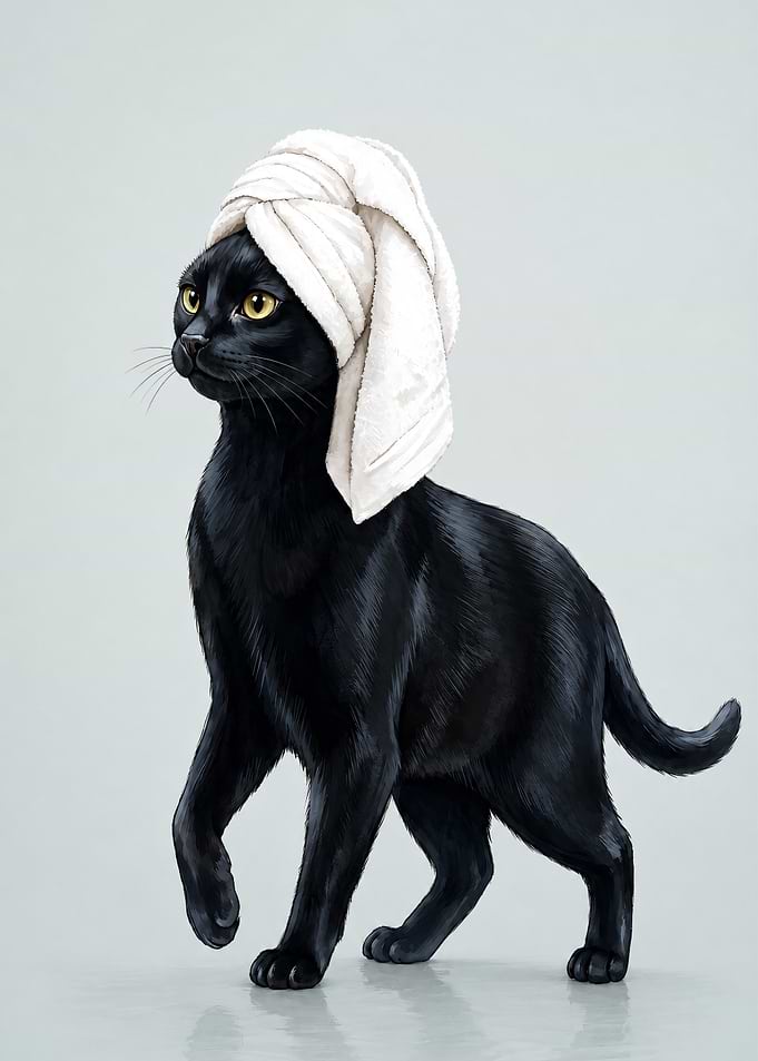 Black Cat Wearing a Towel Turban
