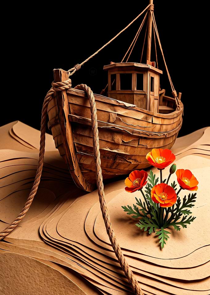 Papercraft Boat and Poppy Flowers