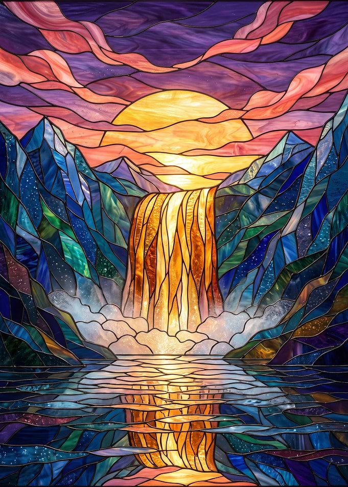 Stained Glass Waterfall Sunset Landscape