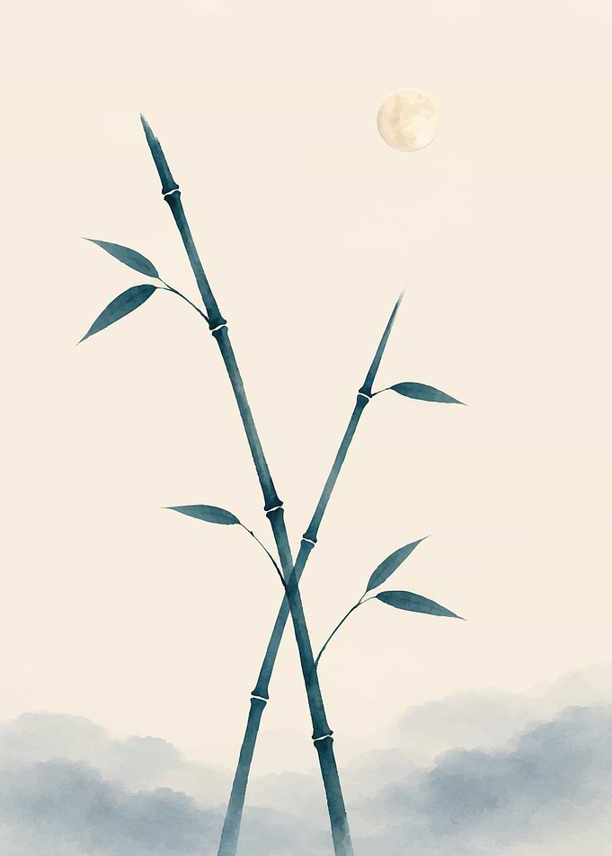 Minimalist Bamboo Stalks and Moon