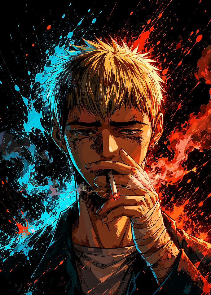 Anime Boy Smoking with Color Splatter