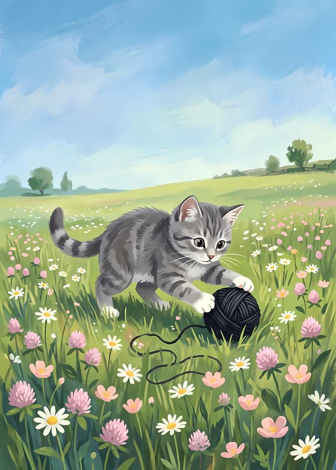 Cute Kitten Playing in Flower Meadow