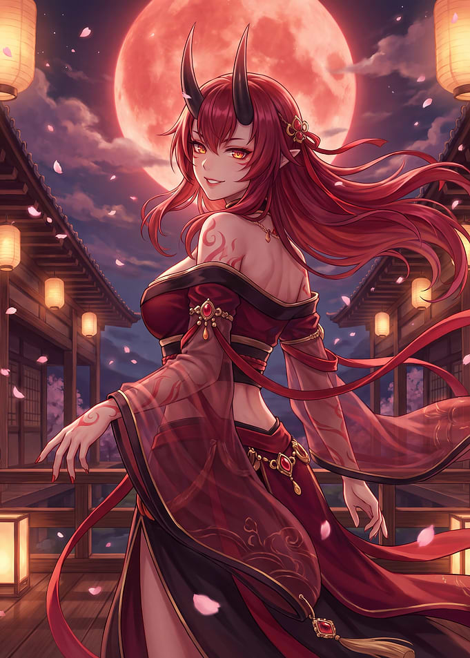 Red Oni Demon Girl Under Moon