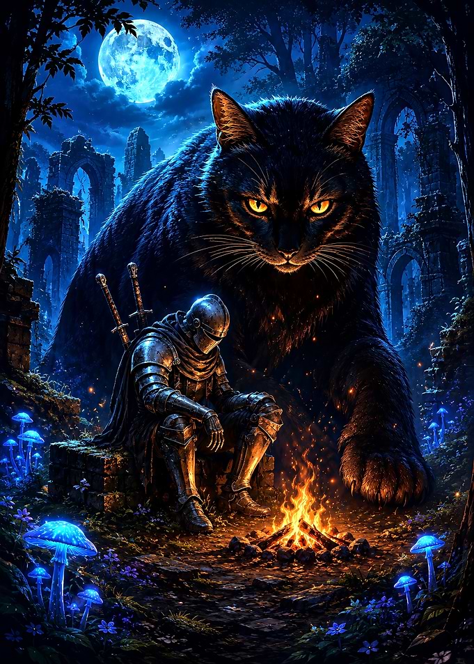 Knight Resting with Giant Cat