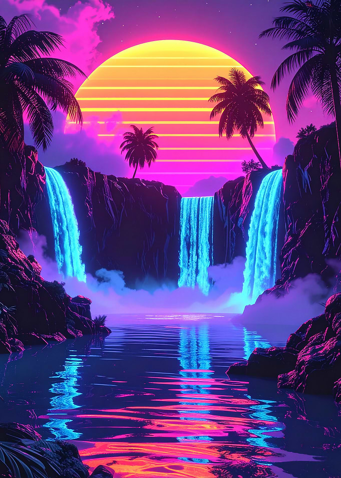 Neon Synthwave Tropical Waterfall Landscape