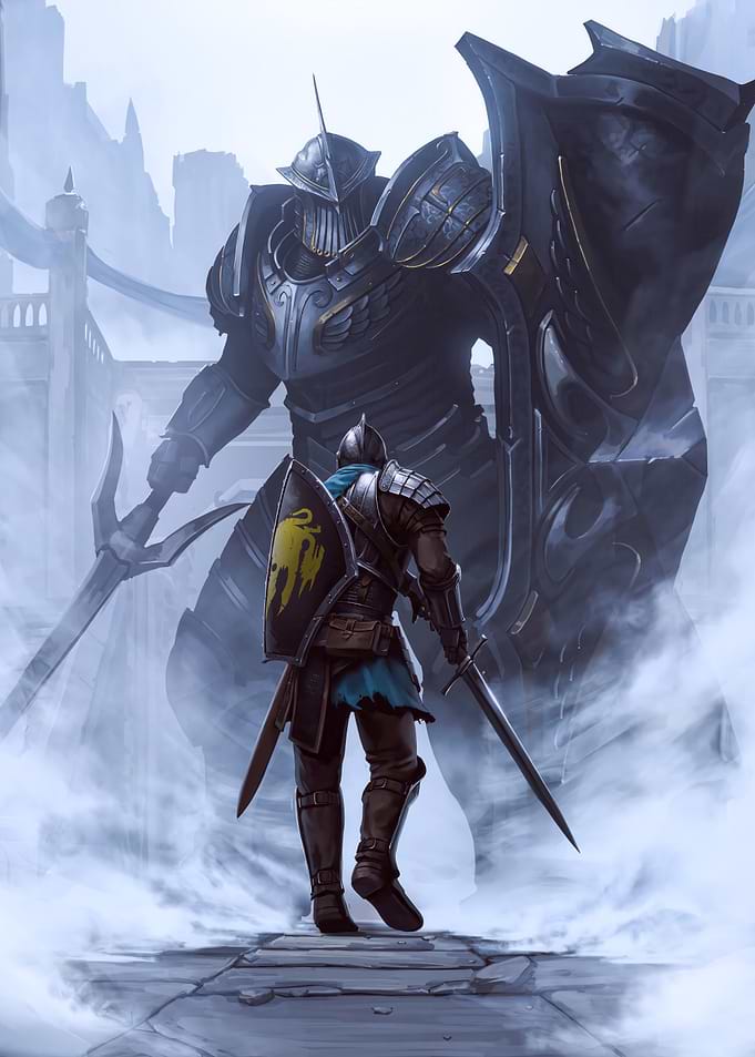 Knight Facing a Giant Guardian