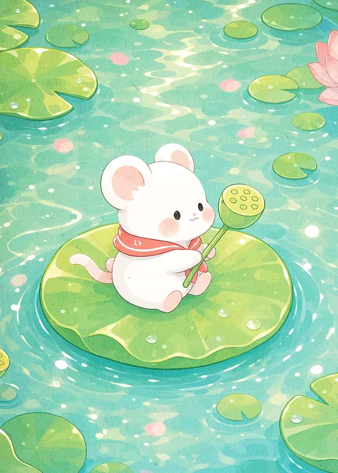 Cute White Mouse on Lily Pad