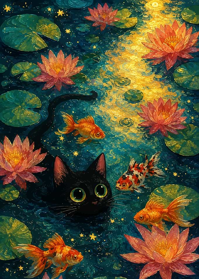 Black Cat Swimming with Goldfish