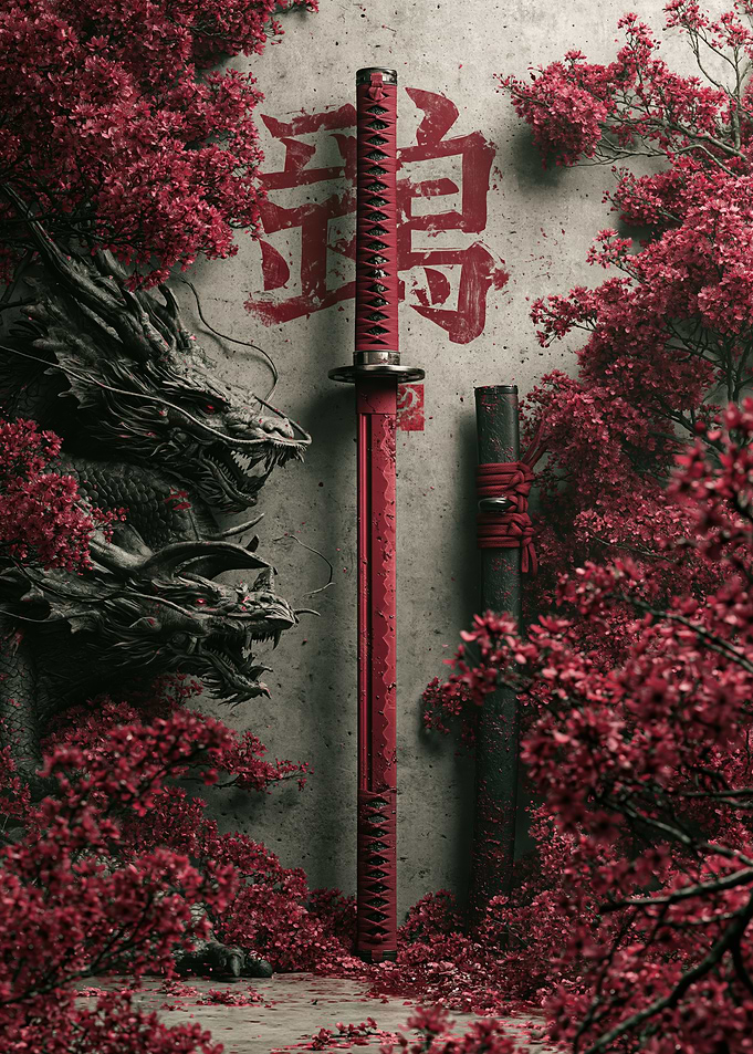 Red Katana with Dragon and Blossoms