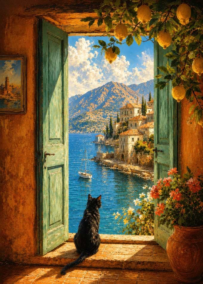 Black Cat Watching Mediterranean Coastal View