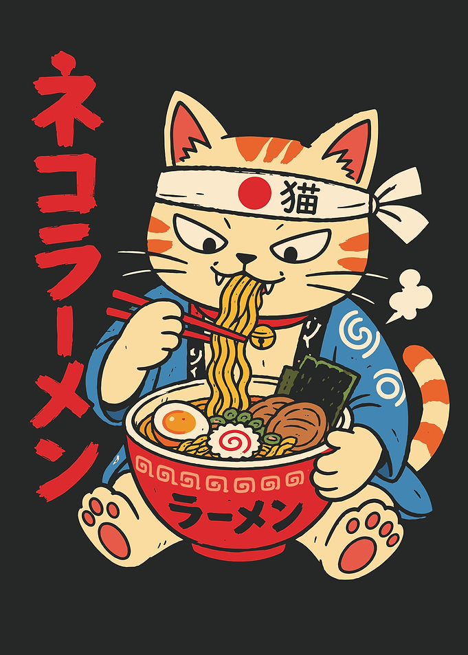 Cute Cat Eating Ramen Illustration