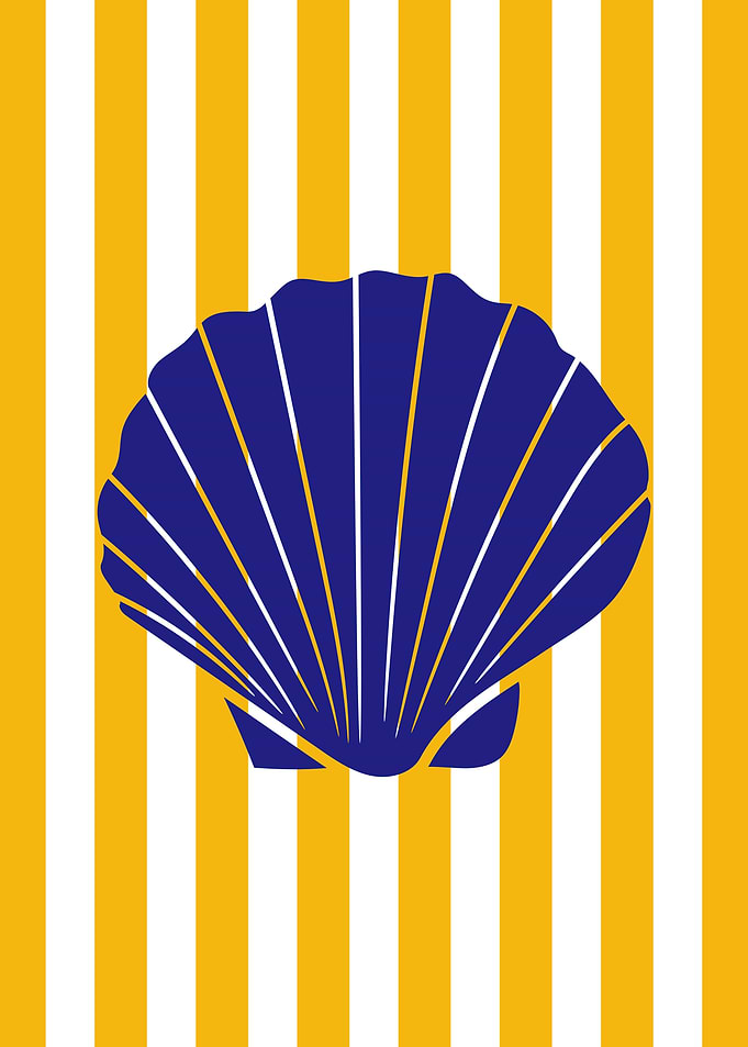 Blue Seashell on Yellow Striped Background