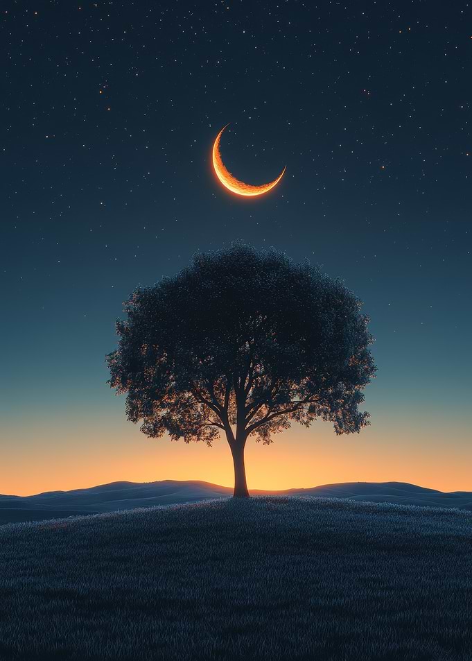 Lone Tree Under Crescent Moon