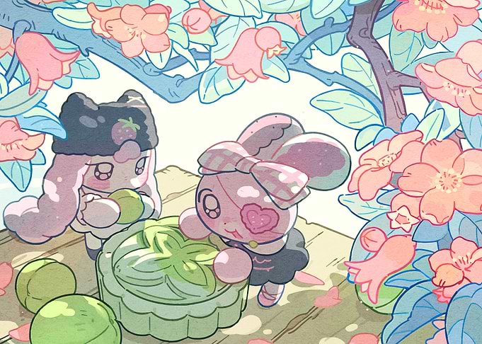 Cute Characters Enjoying Mooncake Picnic