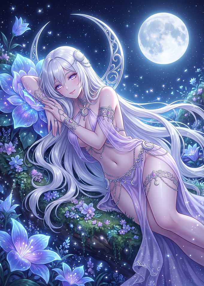 Moonlight Goddess in Floral Garden